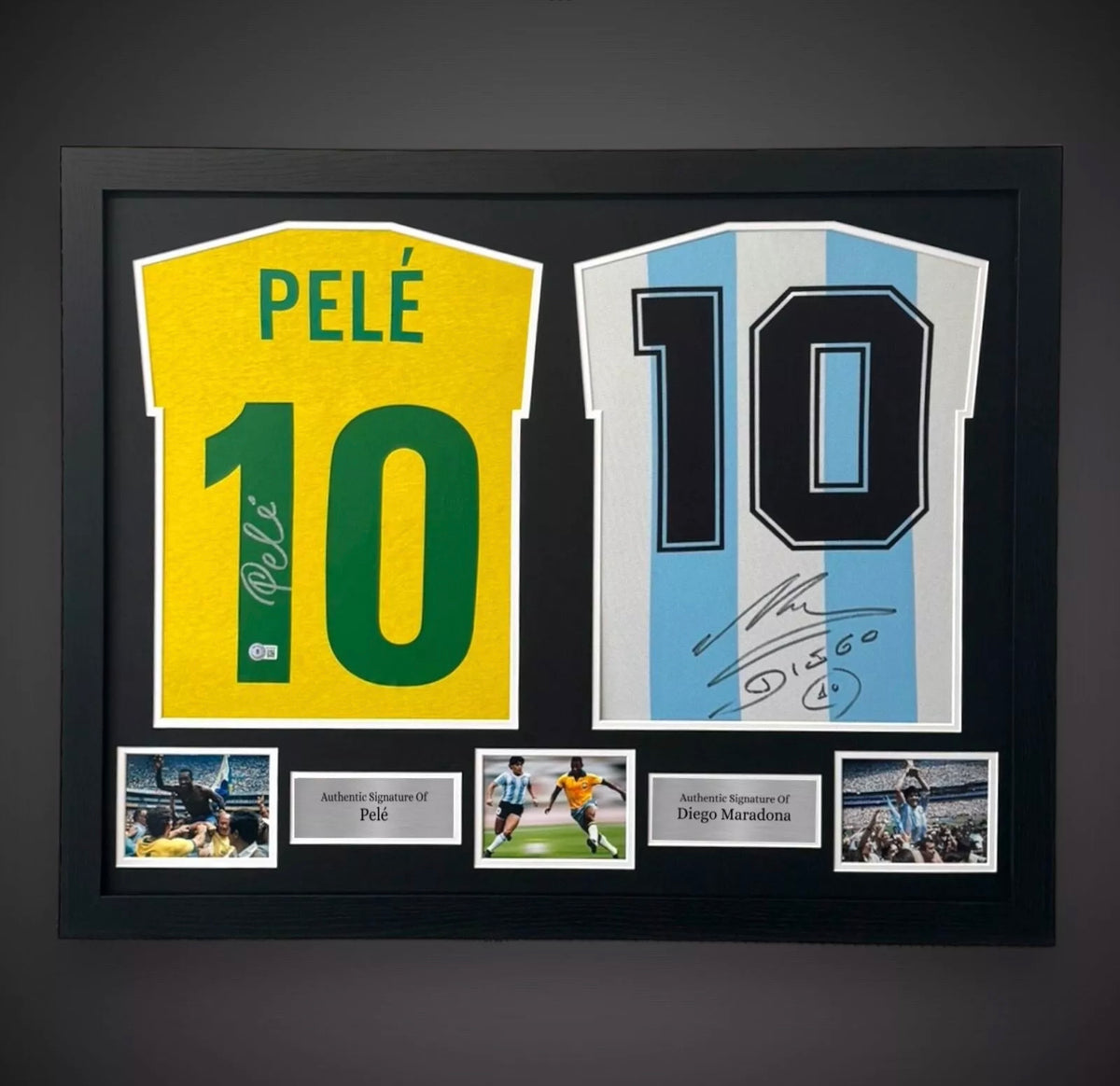 Fantastic Pele And Maradona Hand Signed Dual Framed Football Shirts