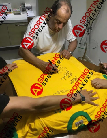 Brazil 1970 Shirt Signed by: Pele, Gerson, Jairzinho & Carlos Alberto Deluxe Framed