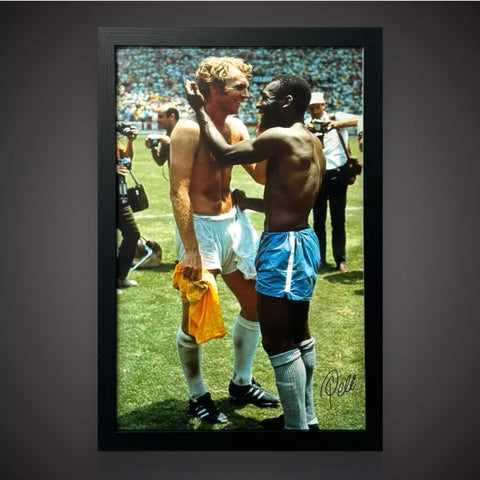 Framed Pele Signed Brazil Photo Swapping Shirts With Bobby Moore