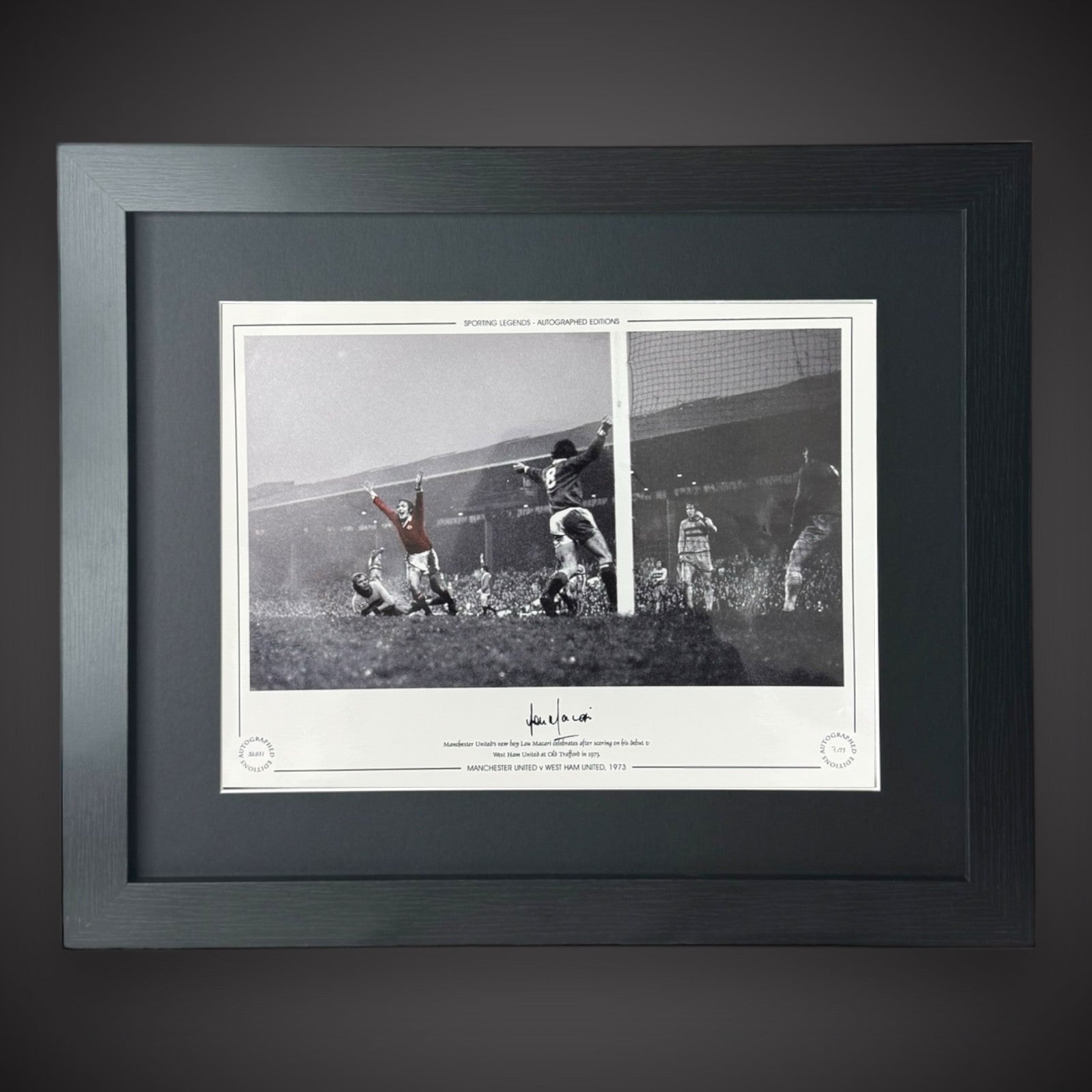 FRAMED Lou Macari Signed Manchester United Photo: Scoring On Debut £450