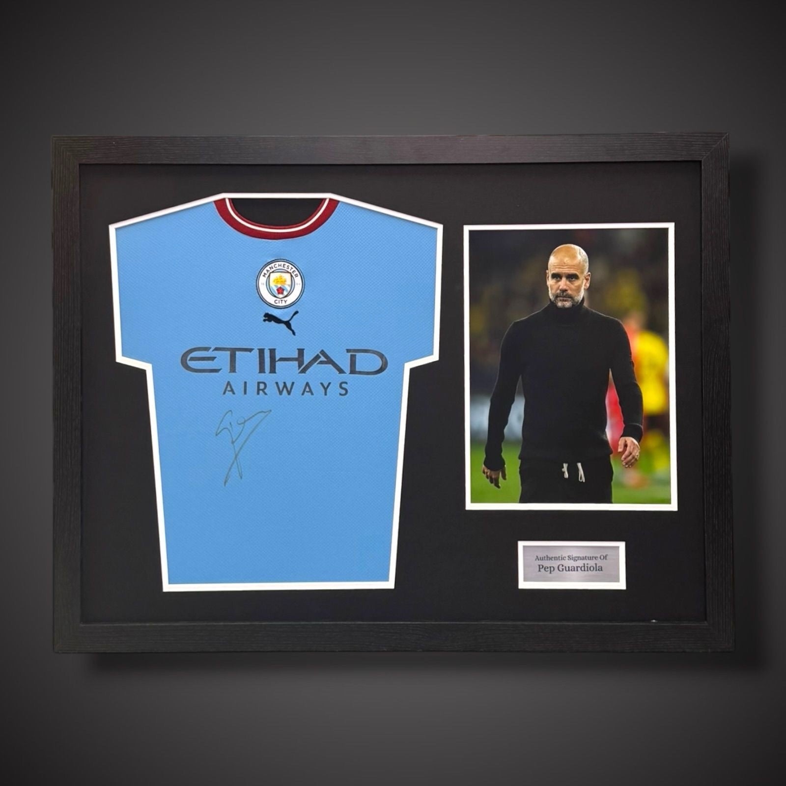 Pep Guardiola Hand Signed Manchester City Pano Framed Football Shirt  £3990