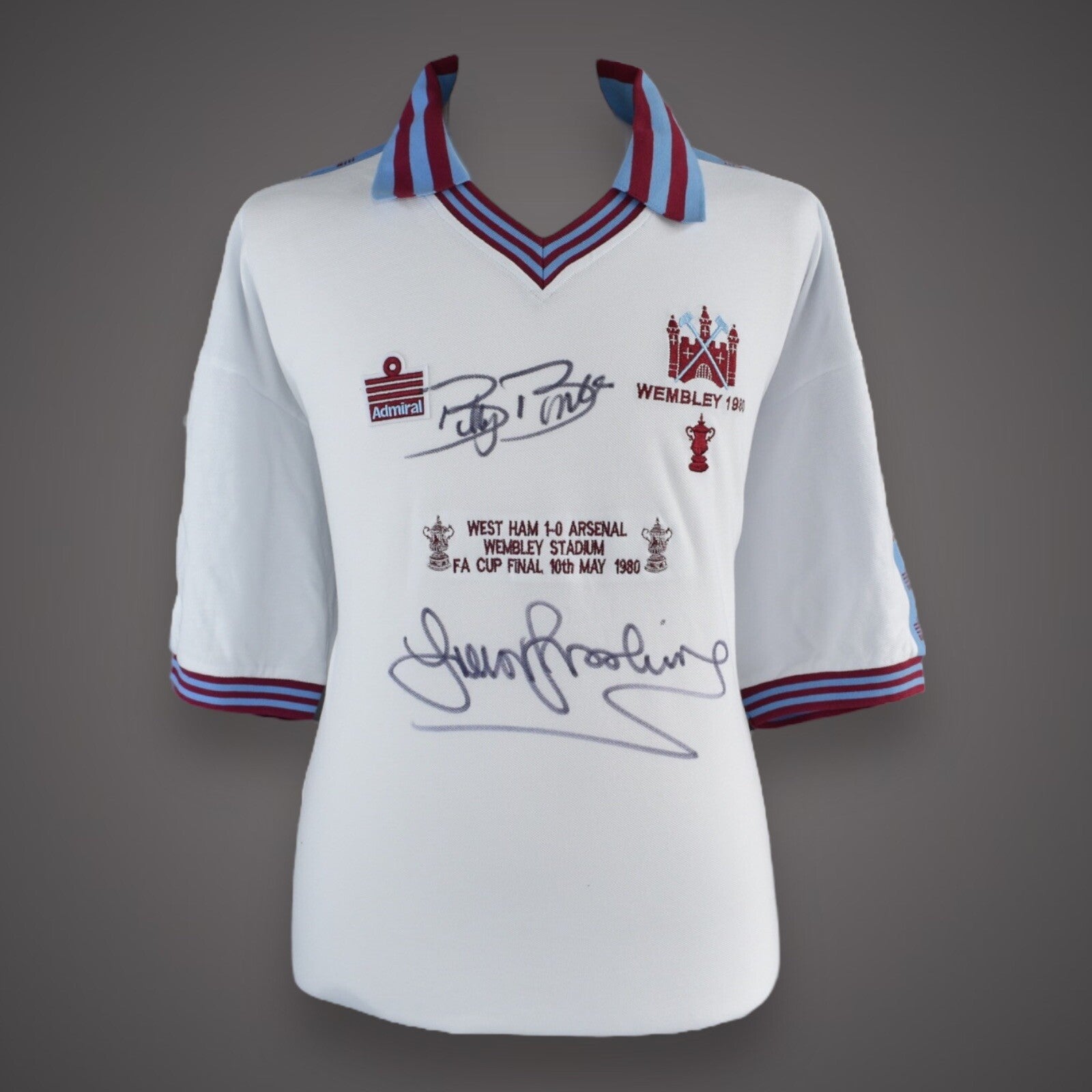 West Ham 1980 FA Cup Winners Signed Shirt-Sir Trevor Brooking & Billy Bonds £1990