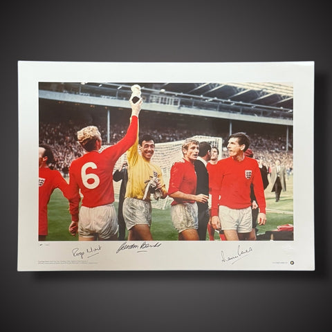 Martin Peters, Roger Hunt and Gordon Banks England A2 size Signed Poster £350