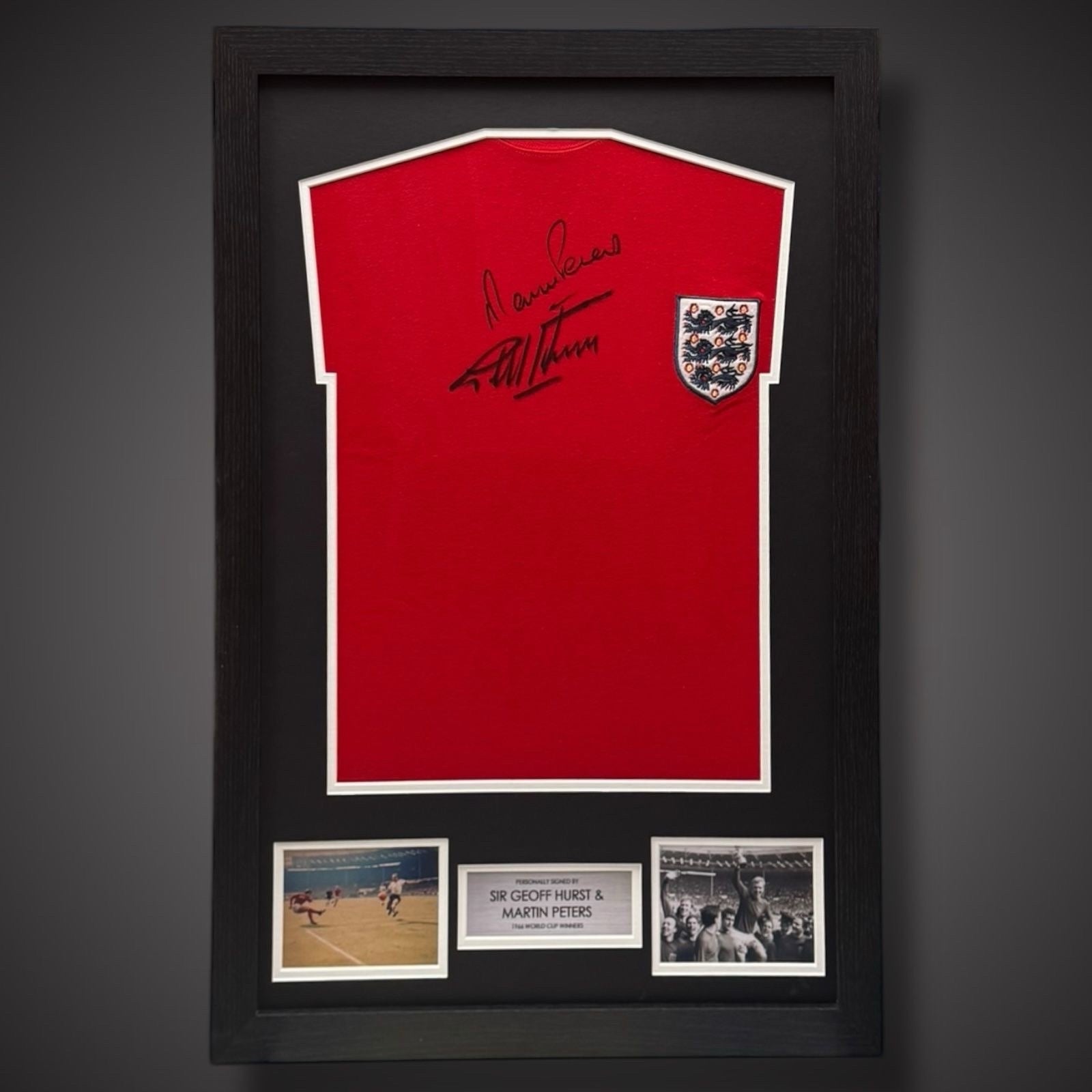 Framed England World Cup Replica Shirt Signed By Sir Geoff Hurst & Martin Peters0