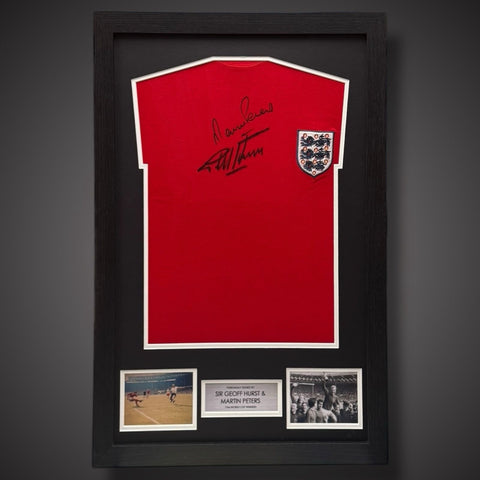 Framed England World Cup Replica Shirt Signed By Sir Geoff Hurst & Martin Peters0