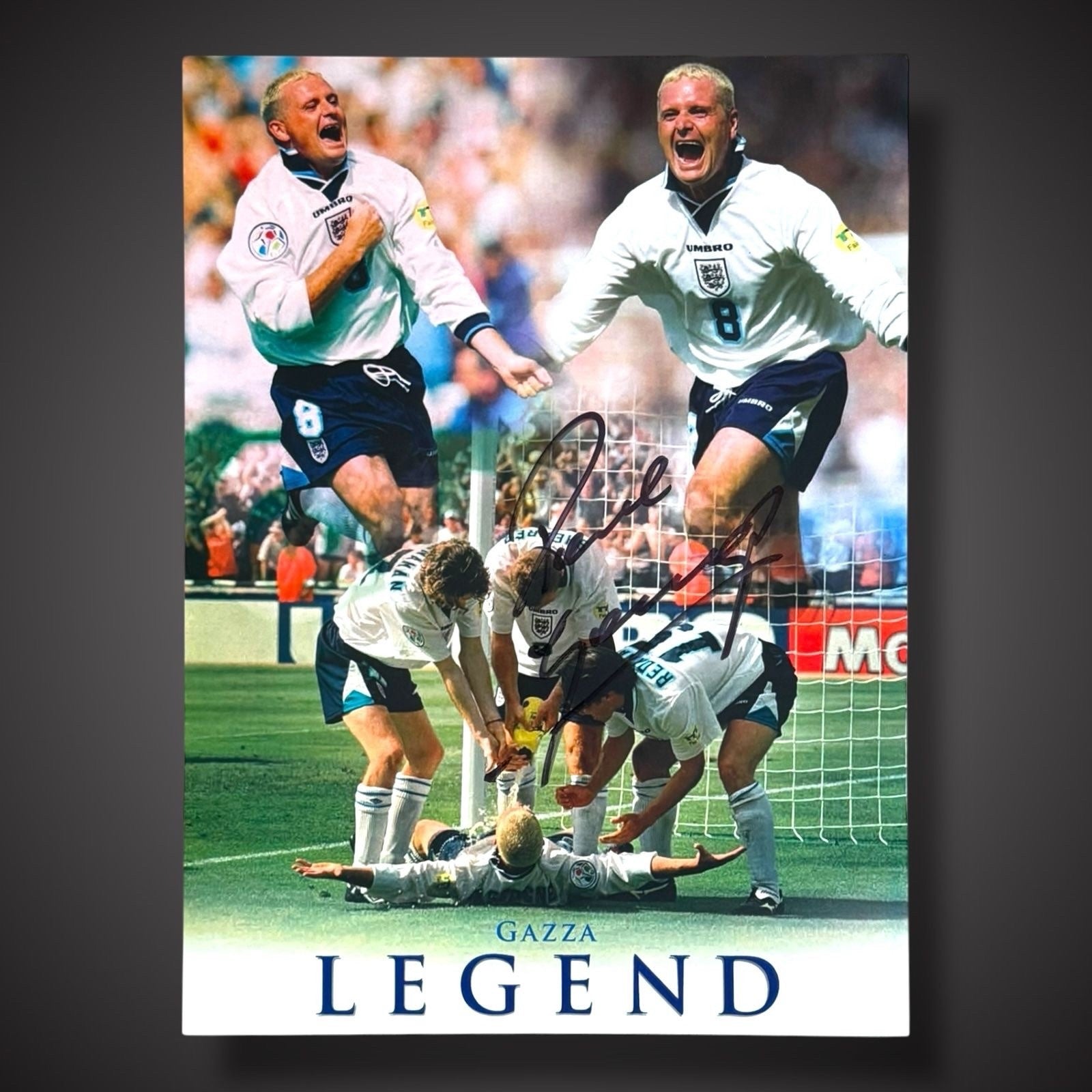 England - Paul Gascoigne Hand Signed Football Photo Montage Style  £29.99 12X160