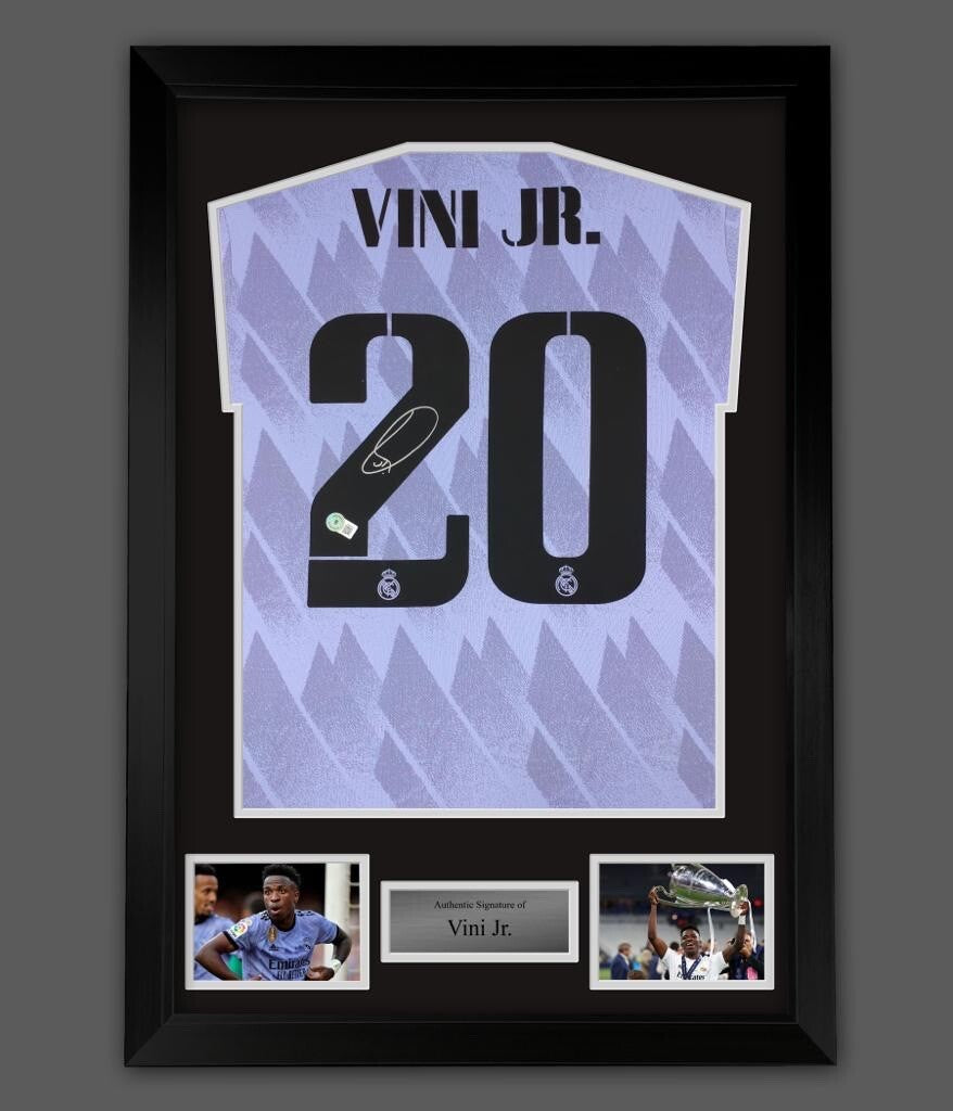 Framed Vinicius ‘Vini’ Jr Signed Real Madrid Shirt :Away, 2022-23 With COA £3990