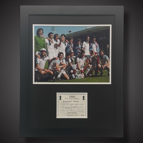 Trevor Brooking Hand Signed Pano Framed Champagne Label West Ham FA Cup 1980 £990