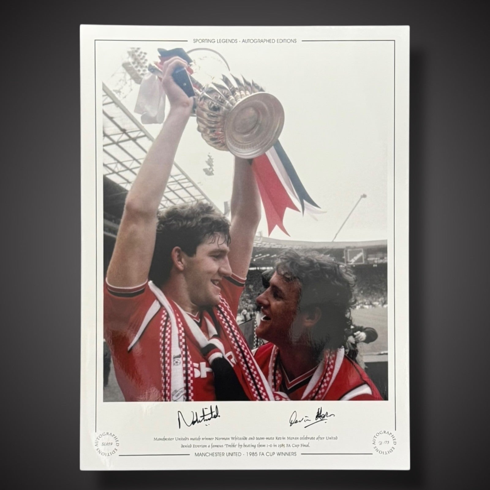 FRAMED Norman Whiteside & Kevin Moran Man U 1985 FA Cup Winners Signed Photo £451