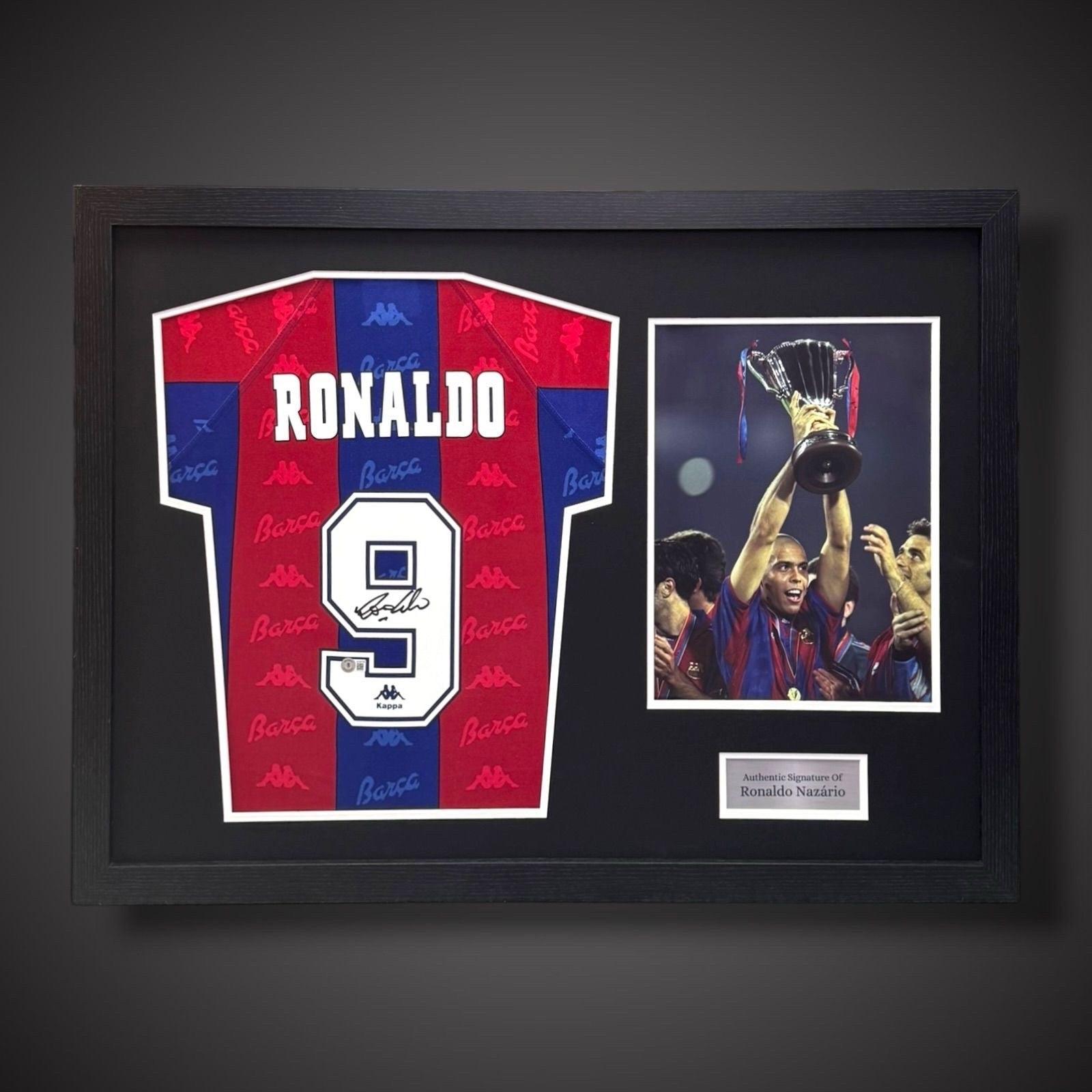 Ronaldo Nazario R9 Signed & Pano Framed Barcelona Shirt COA Beckett £5250