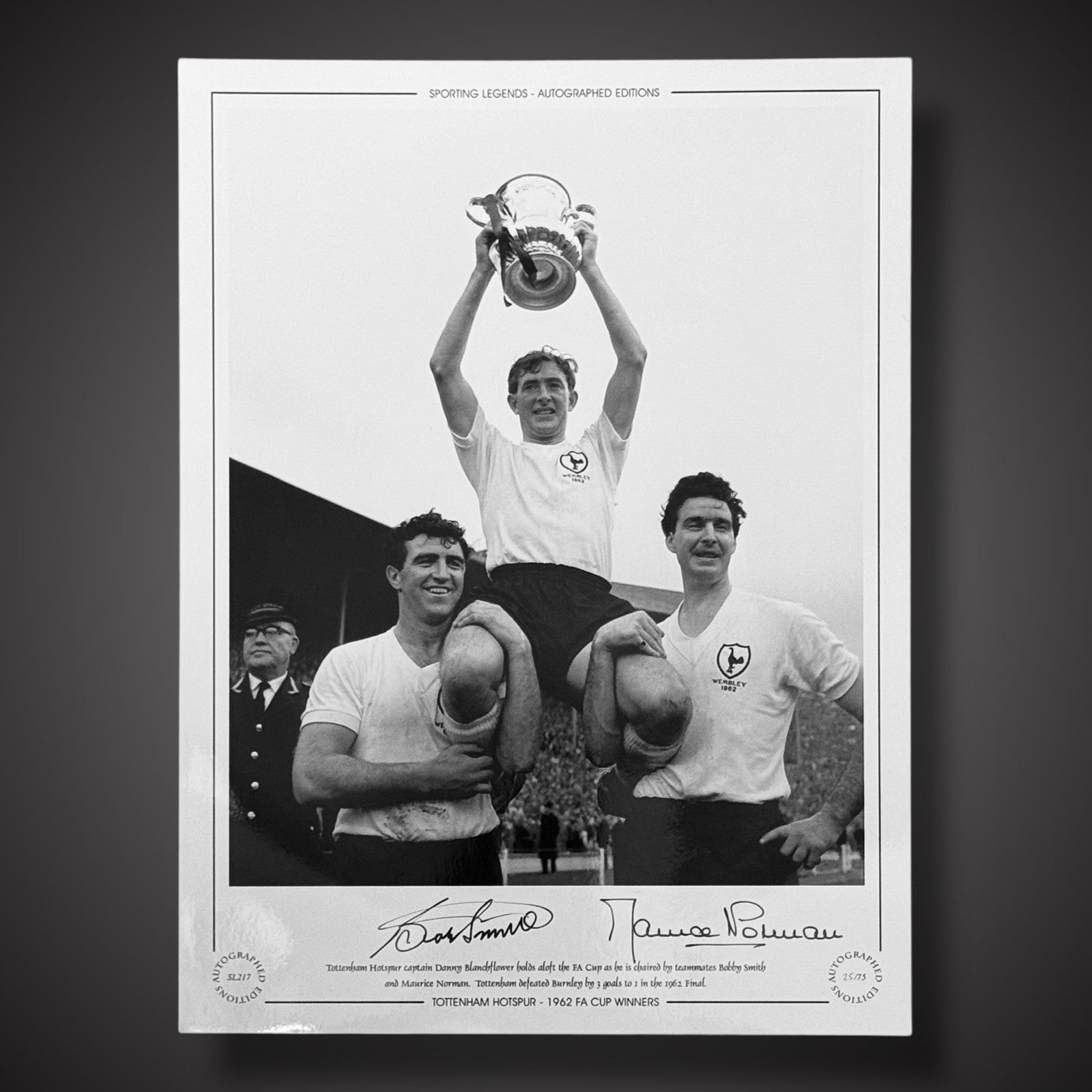 Framed TOTTENHAM HOTSPUR  1962 FA CUP PHOTO SIGNED BOBBY SMITH & MAURICE NORMAN1