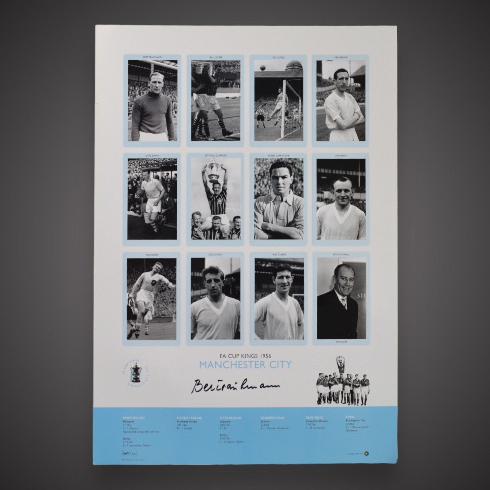 BERT TRAUTMANN SIGNED MAN CITY PHOTO - FA CUP KINGS 1956 £25 16X230