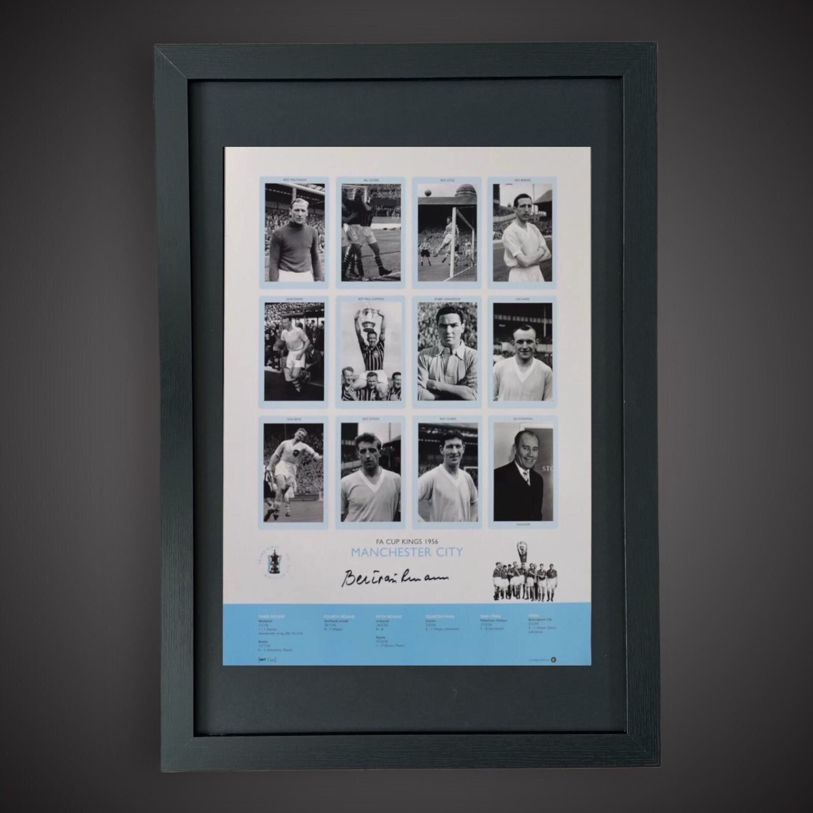 Framed Bert Trautmann Signed Manchester City Photo - FA CUP KINGS 1956 £550