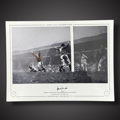FRAMED Lou Macari Signed Manchester United Photo: Scoring On Debut £451