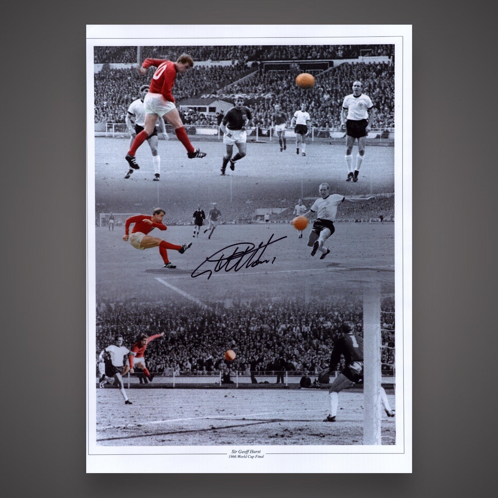 SIR GEOFF HURST SIGNED ENGLAND 66 FINAL 3 GOAL MONTAGE PHOTO  £250