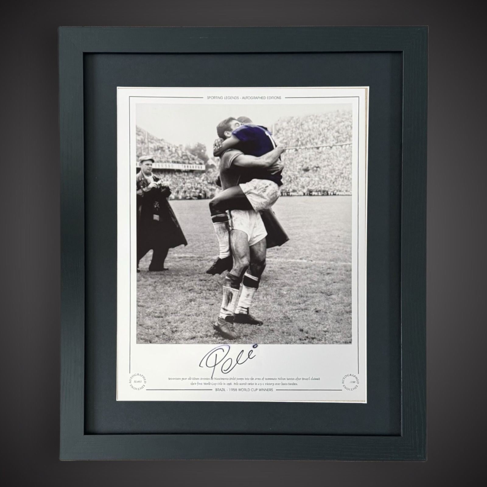 Framed Pele Hand Signed 1958 World Cup Winners Brazil Photo (Faded sig) £2500