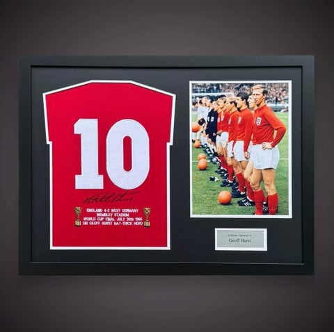 Framed Sir Geoff Hurst 1966 World Cup Winners Signed Stats Shirt With Photo