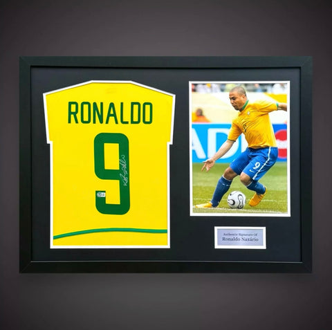 Ronaldo Nazario Hand Signed Framed Brazil Shirt With Photo