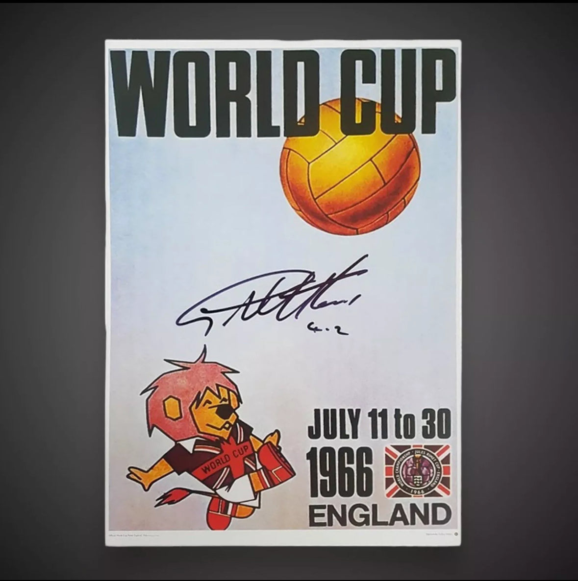 Sir Geoff Hurst Signed 4-2 World Cup Willie Poster